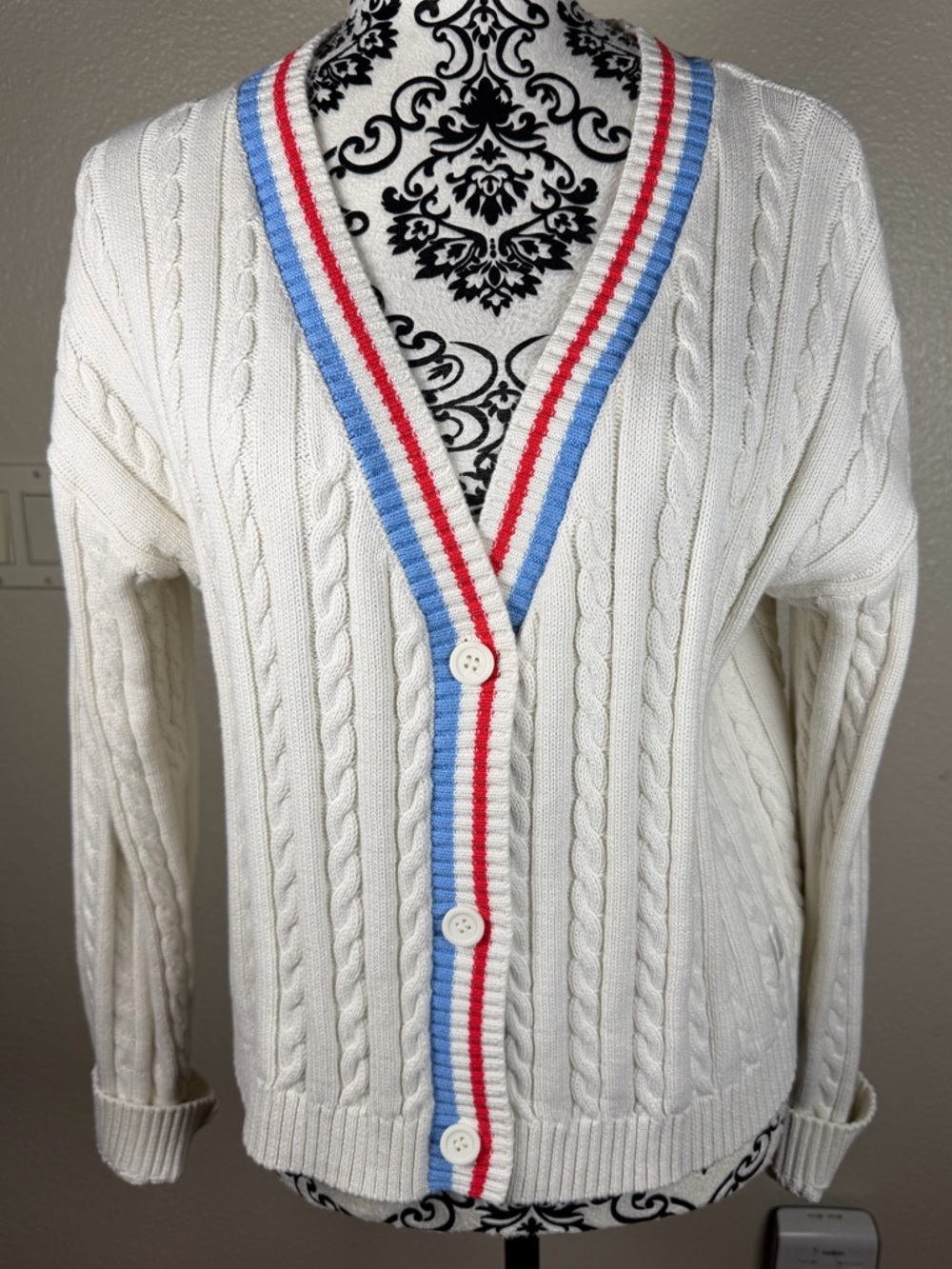 Prince Pickleball Cotton Cable Knit Cardigan Preppy Tennis Stripe Trim Sweater L